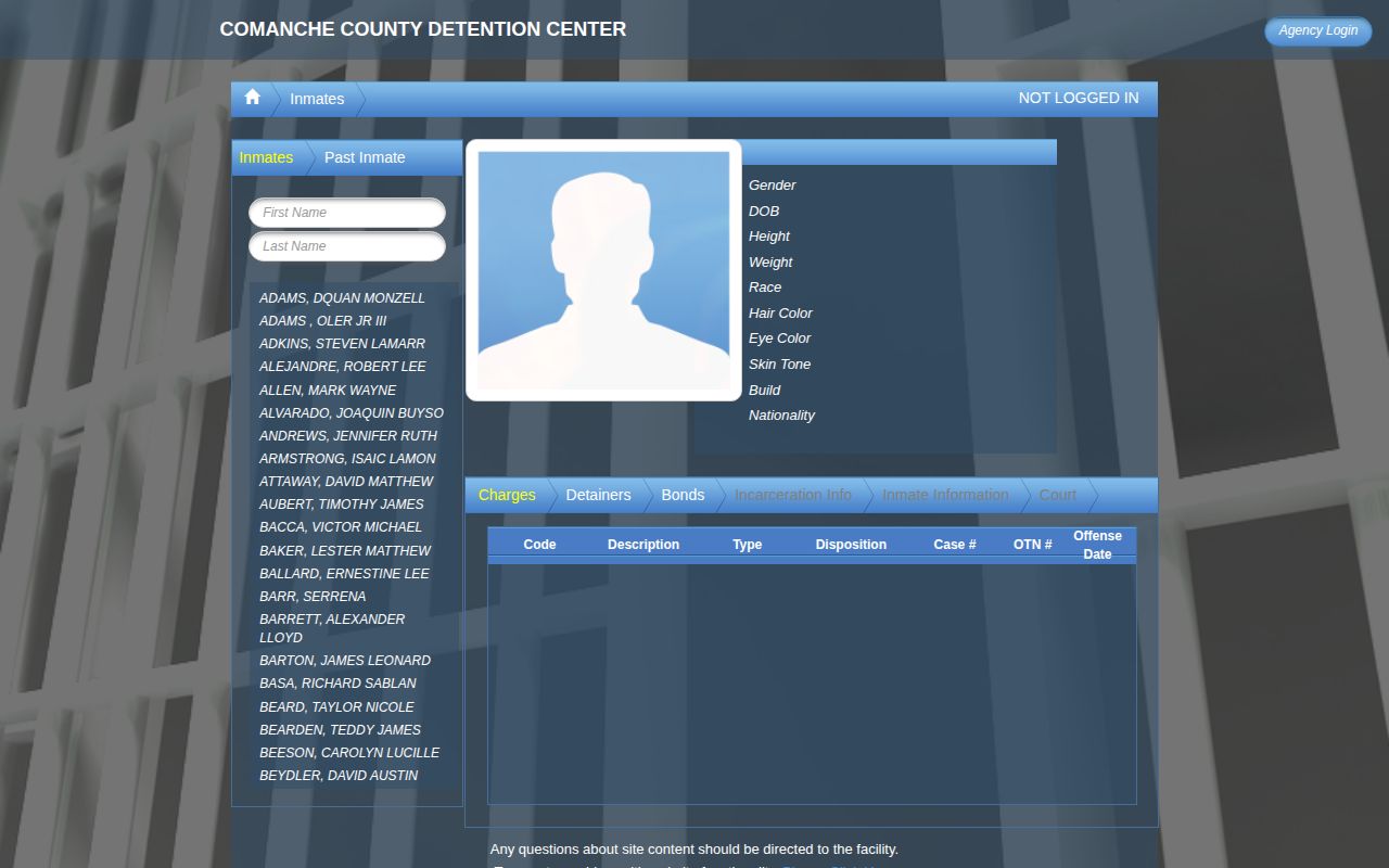 CCDC past booking interface for Comanche County released inmate mugshots